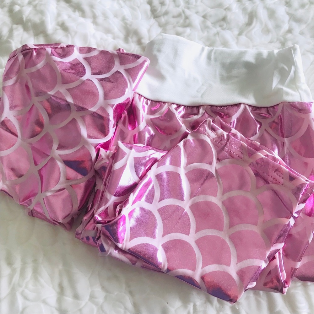 🎀Pink Mermaid Metallic Leggings Yoga Crop Top Set - Picture 5 of 6